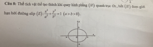 Cầu 8: Thể tích vật thể tạo thành khi quay hành phẳng (H) quanh trạc Ox , biết (H) được giới 
hạn bởi đường elip (E):  x^2/a^2 + y^2/b^2 =1(a>b>0).