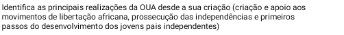 Identifica as principais realizações da OUA desde a sua criação (criação e apoio aos 
movimentos de libertação africana, prossecução das independências e primeiros 
passos do desenvolvimento dos jovens pais independentes)