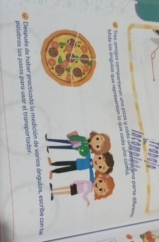 Trabajo 
incompiat 
Tres amigos compartieron una pizza y cada una comió una parte diferente 
Mide los ángulos que representan lo que cada uno comió. 
O Después de haber practicado la medición de varios ángulos, escribe con tus 
palabras los pasos para usar el transportador.