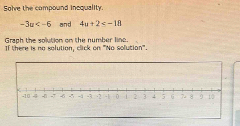 Solve the compound inequality.
-3u and 4u+2≤ -18
Graph the solution on the number line. 
If there is no solution, click on "No solution".