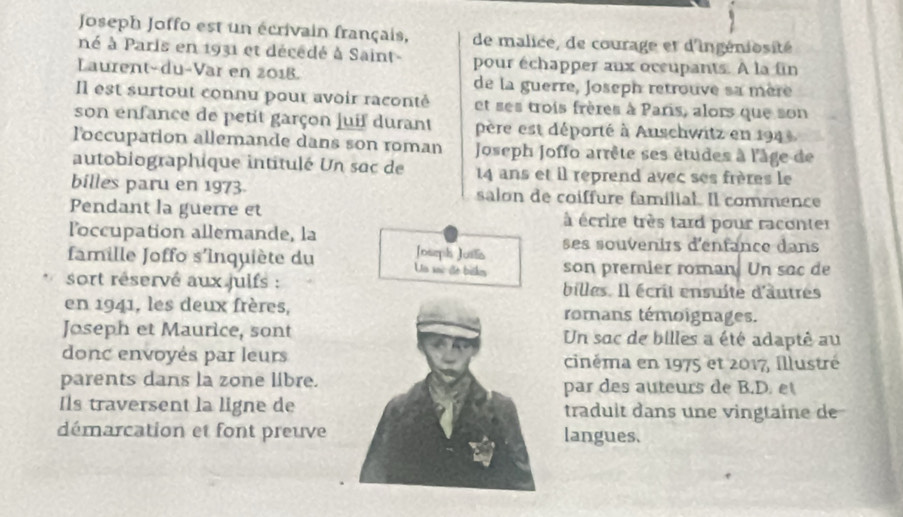 Joseph Joffo est un écrivain français, de malice, de courage et d'ingéniosité 
né à Paris en 1931 et décédé à Saint- pour échapper aux occupants. A la fin 
Laurent-du-Var en 2018. de la guerre, Joseph retrouve sa mère 
Il est surtout connu pour avoir raconté et ses trois frères à Paris, alors que son 
son enfance de petit garçon juif durant père est déporté à Auschwitz en 1944 
l'occupation allemande dans son roman Joseph Joffo arrête ses études à l'âge de 
autobiographique intitulé Un sac de 14 ans et il reprend avec ses frères le 
billes paru en 1973 salon de coiffure familial. Il commence 
Pendant la guerre et à écrire très tard pour raconter 
l'occupation allemande, la Josmph Josta 
ses souvenirs d'enfance dans 
famille Joffo s'inquiète du Un sac đt bilkes son premier roman. Un sac de 
sort réservé aux juifs : billes. Il écrit ensuite d'autres 
en 1941, les deux frères,romans témoignages. 
Joseph et Maurice, sontUn sac de billes a été adapté au 
donc envoyés par leurscinéma en 1975 et 2017 Illustré 
parents dans la zone libre.par des auteurs de B.D. et 
Ils traversent la ligne detraduit dans une vingtaine de 
démarcation et font preuvelangues.