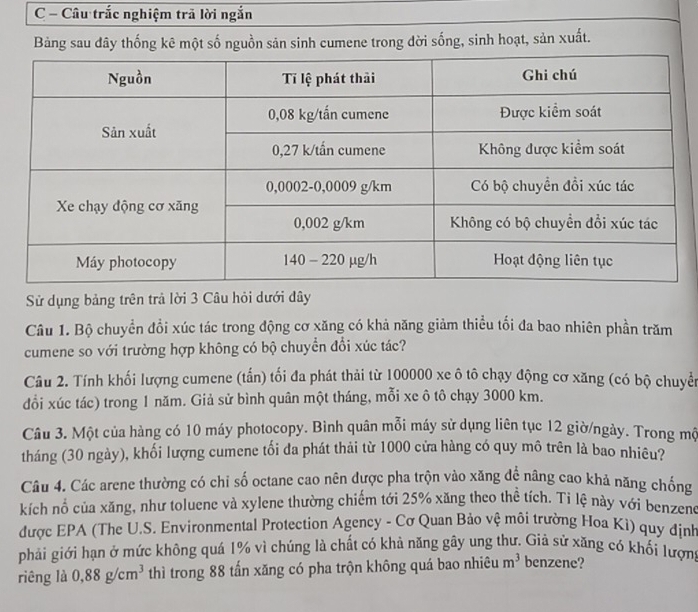 Câu trắc nghiệm trã lời ngắn 
Bảng sau đây thống kê một số nguồn sản sinh cumene trong đời sống, sinh hoạt, sản xuất. 
Sử dụng bảng trên trả lời 3 Câu hỏi dưới đây 
Câu 1. Bộ chuyển đổi xúc tác trong động cơ xăng có khả năng giảm thiều tối đa bao nhiên phần trăm 
cumene so với trường hợp không có bộ chuyển đổi xúc tác? 
Câu 2. Tính khối lượng cumene (tấn) tối đa phát thải từ 100000 xe ô tô chạy động cơ xăng (có bộ chuyển 
đổi xúc tác) trong 1 năm. Giả sử bình quân một tháng, mỗi xe ô tô chạy 3000 km. 
Câu 3. Một của hàng có 10 máy photocopy. Bình quân mỗi máy sử dụng liên tục 12 giờ/ngày. Trong mộ 
tháng (30 ngày), khối lượng cumene tối đa phát thải từ 1000 cửa hàng có quy mô trên là bao nhiêu? 
Câu 4. Các arene thường có chỉ số octane cao nên được pha trộn vào xăng để nâng cao khả năng chống 
kích nổ của xăng, như toluene và xylene thường chiếm tới 25% xăng theo thể tích. Tỉ lệ này với benzene 
được EPA (The U.S. Environmental Protection Agency - Cơ Quan Bảo vệ môi trường Hoa Kì) quy định 
phải giới hạn ở mức không quá 1% vì chúng là chất có khả năng gây ung thư. Giả sử xăng có khối lượn 
riêng là 0, 88g/cm^3 thì trong 88 tấn xăng có pha trộn không quá bao nhiêu m^3 benzene?