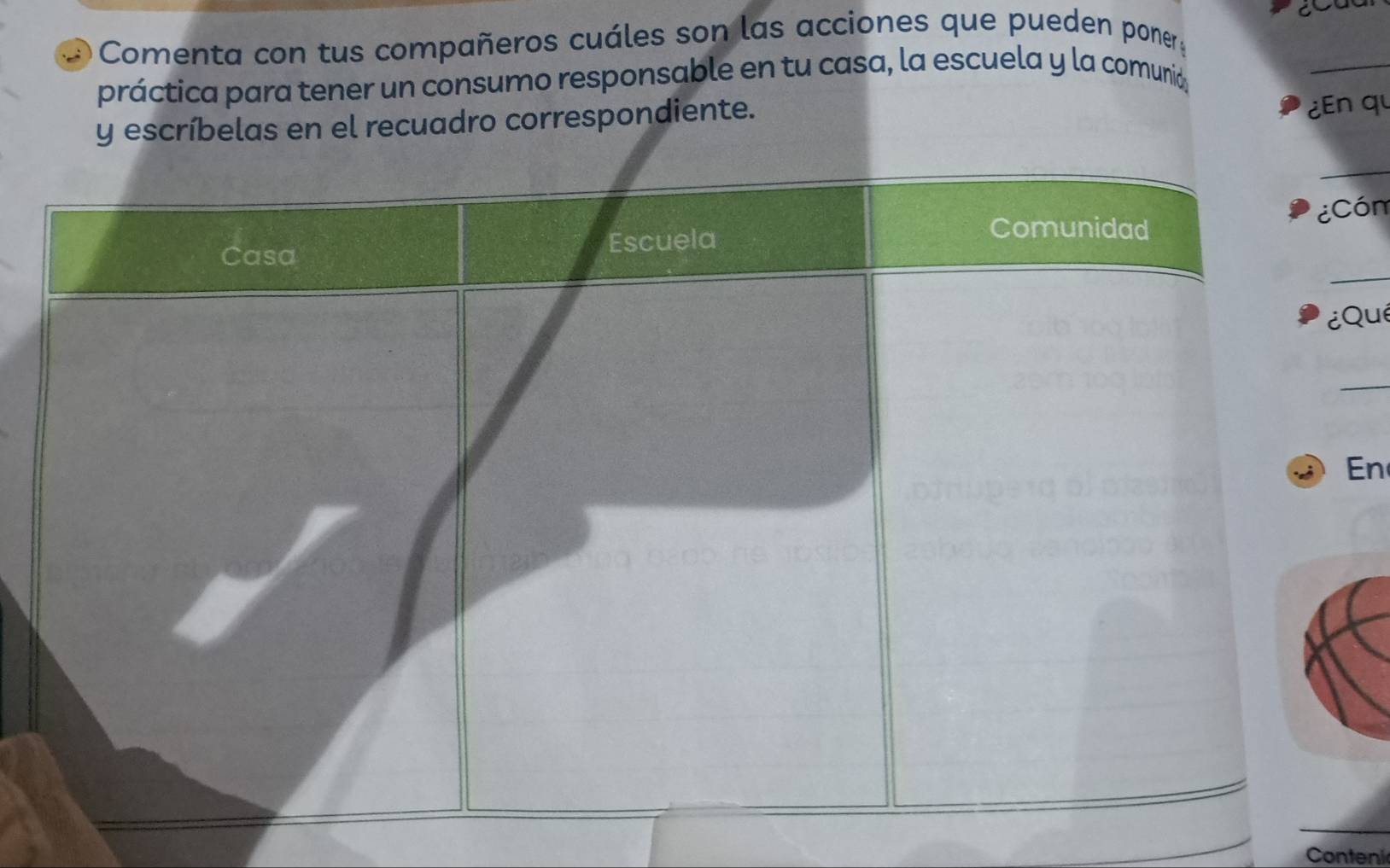 Comenta con tus compañeros cuáles son las acciones que pueden poner: 
práctica para tener un consumo responsable en tu casa, la escuela y la comunióa 
_ 
y escríbelas en el recuadro correspondiente. 
¿En qu 
_ 
ón 
_ 
Qué 
_ 
En 
Conteni