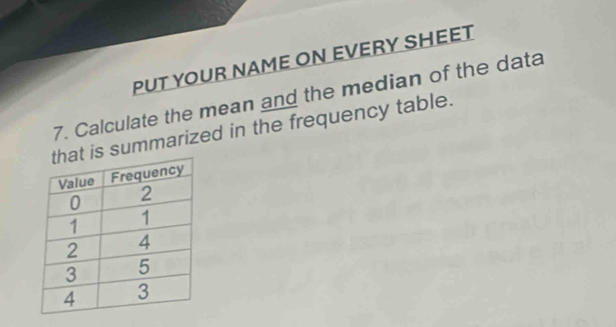 PUT YOUR NAME ON EVERY SHEET 
7. Calculate the mean and the median of the data 
summarized in the frequency table.