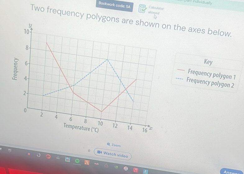 part individually 
Bookwork code: 5A allowed
Calculator
Two frequency polygonon the axes below.
Key
g
Frequency polygon 1
---- Frequency polygon 2
Q Zoom
Watch video