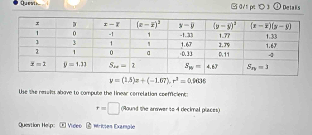 Question 0/1 pt つ 3 ① Details
y=(1.5)x+(-1.67),r^2=0.9636
Use the results above to compute the linear correlation coefficient:
r=□ (Round the answer to 4 decimal places)
Question Help: Video Written Example