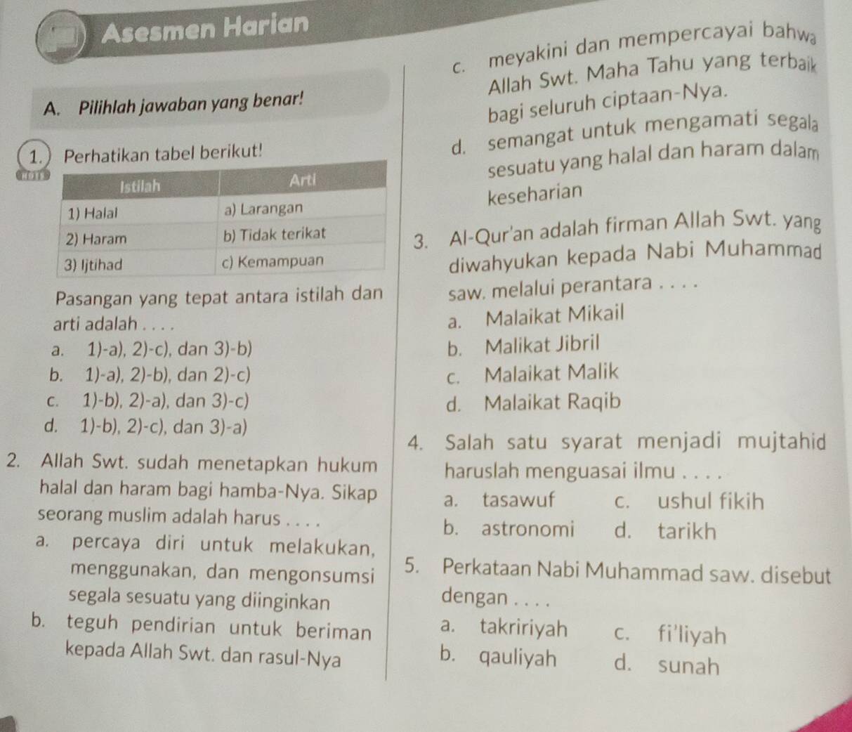 Asesmen Harian
c. meyakini dan mempercayai bahw
A. Pilihlah jawaban yang benar! Allah Swt. Maha Tahu yang terbaik
bagi seluruh ciptaan-Nya.
Perhatikan tabel berikut!
d. semangat untuk mengamati segala
sesuatu yang halal dan haram dalam
keseharian
3. Al-Qur'an adalah firman Allah Swt. yang
diwahyukan kepada Nabi Muhammad
Pasangan yang tepat antara istilah dan saw. melalui perantara . . . .
arti adalah . . . .
a. Malaikat Mikail
a. 1)-a), 2)-c), dan 3)-b) b. Malikat Jibril
b. 1)-a), 2)-b), dan 2)-c) c. Malaikat Malik
c. 1)-b), 2)-a), dan 3)-c) d. Malaikat Raqib
d. 1)-b), 2)-c), dan 3)-a)
4. Salah satu syarat menjadi mujtahid
2. Allah Swt. sudah menetapkan hukum haruslah menguasai ilmu . . . .
halal dan haram bagi hamba-Nya. Sikap a. tasawuf c. ushul fikih
seorang muslim adalah harus . . . . b. astronomi d. tarikh
a. percaya diri untuk melakukan,
menggunakan, dan mengonsumsi 5. Perkataan Nabi Muhammad saw. disebut
segala sesuatu yang diinginkan
dengan . . . .
b. teguh pendirian untuk beriman a. takririyah c. fi'liyah
kepada Allah Swt. dan rasul-Nya
b. qauliyah d. sunah