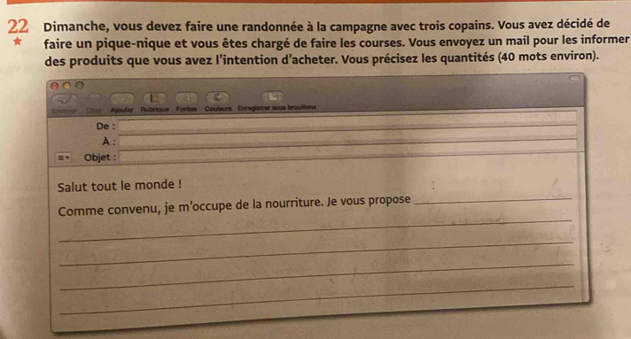 Dimanche, vous devez faire une randonnée à la campagne avec trois copains. Vous avez décidé de 
faire un pique-nique et vous êtes chargé de faire les courses. Vous envoyez un mail pour les informer 
des produits que vous avez l’intention d’acheter. Vous précisez les quantités (40 mots environ). 
Ajouter Rubrique Fantes Couleurs ' Enregistrer sous brouilions 
De : 
A : 
Objet : 
_ 
Salut tout le monde ! 
_ 
Comme convenu, je m’occupe de la nourriture. Je vous propose 
_ 
_ 
_