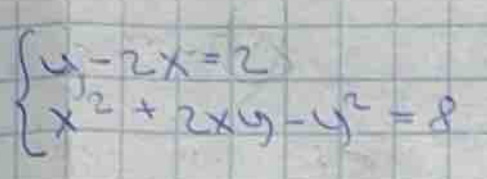 beginarrayl y-2x=2 x^2+2xy-y^2=8endarray.