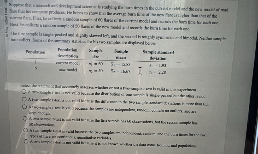 Suppose that a research and development scientist is studying the burn times in the current model and the new model of road
Q flare that his company produces. He hopes to show that the average burn time of the new flare is higher than that of the
current flare. First, he collects a random sample of 60 flares of the current model and records the burn time for each one.
Next, he collects a random sample of 50 flares of the new model and records the burn time for each one.
The first sample is single-peaked and slightly skewed left, and the second is roughly symmetric and bimodal. Neither sample
has outliers. Some of the summary statistics for his two samples are displayed below.
Select the statement that accurately assesses whether or not a two-sample r-test is valid in this experiment.
A two-sample t-test is not valid because the distribution of one sample is single-peaked but the other is not.
A two-sample r-test is not valid because the difference in the two sample standard deviations is more than 0.3.
A two-sample 1-test is valid because the samples are independent, random, contain no outliers, and are
large enough.
A two-sample r-test is not valid because the first sample has 60 observations, but the second sample has
50 observations.
A two-sample r-test is valid because the two samples are independent, random, and the burn times for the two
types of flare are continuous, quantitative variables.
A two-sample #-test is not valid because it is not known whether the data come from normal populations.
