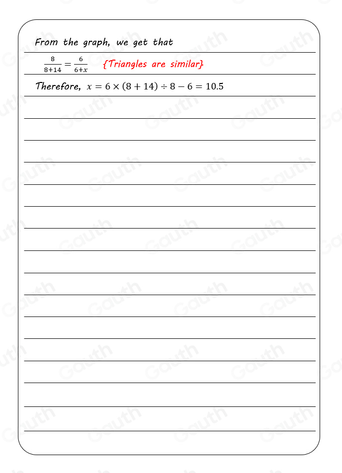 From the graph, we get that
 8/8+14 = 6/6+x  Triangles are similar 
Therefore, x=6* (8+14)/ 8-6=10.5