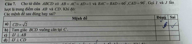 Cho tứ diên ABCD có AB=AC=AD=1 và BAC=BAD=60°,CAD=90°. Gọi / và J lần
lượt là trung điểm của AB và CD. Khi đó: