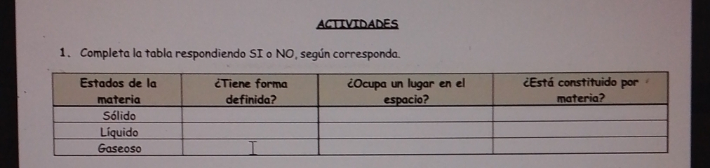 ACTIVIDADES 
1. Completa la tabla respondiendo SI o NO, según corresponda.