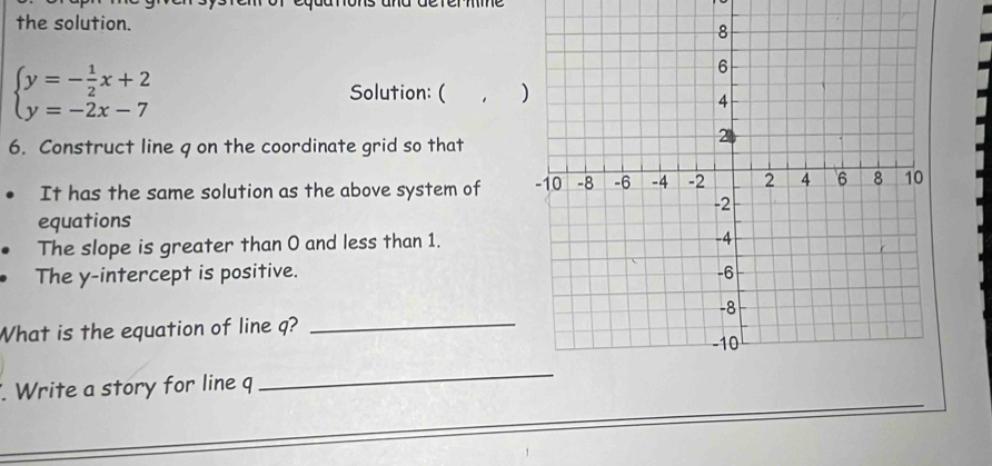 the solution.
beginarrayl y=- 1/2 x+2 y=-2x-7endarray. Solution: ( ， ) 
6. Construct line q on the coordinate grid so that 
It has the same solution as the above system of 
equations 
The slope is greater than 0 and less than 1. 
The y-intercept is positive. 
What is the equation of line q? 
_ 
. Write a story for line q
_