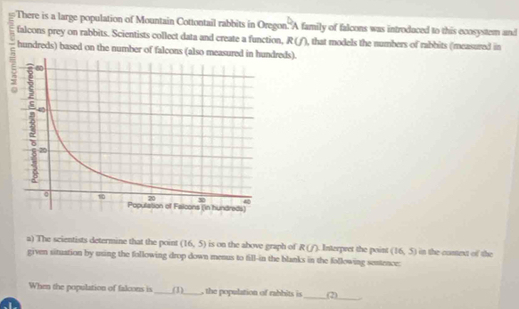 There is a large population of Mountain Cottontail rabbits in Oregon. A family of falcons was introduced to this ecosystem and 
falcons prey on rabbits. Scientists collect data and create a function, R (ƒ), that models the numbers of rabbits (measured in 
hundreds) based on the number of falcons (also meds). 
a) The scientists determine that the point (16,5) is on the above graph of R(f) ). Interpret the point (16,5) in the conat of the 
given situation by using the following drop down menus to fill-in the blanks in the following sentence: 
_ 
When the population of falcons is_ (1)_ , the population of rabbits is 2