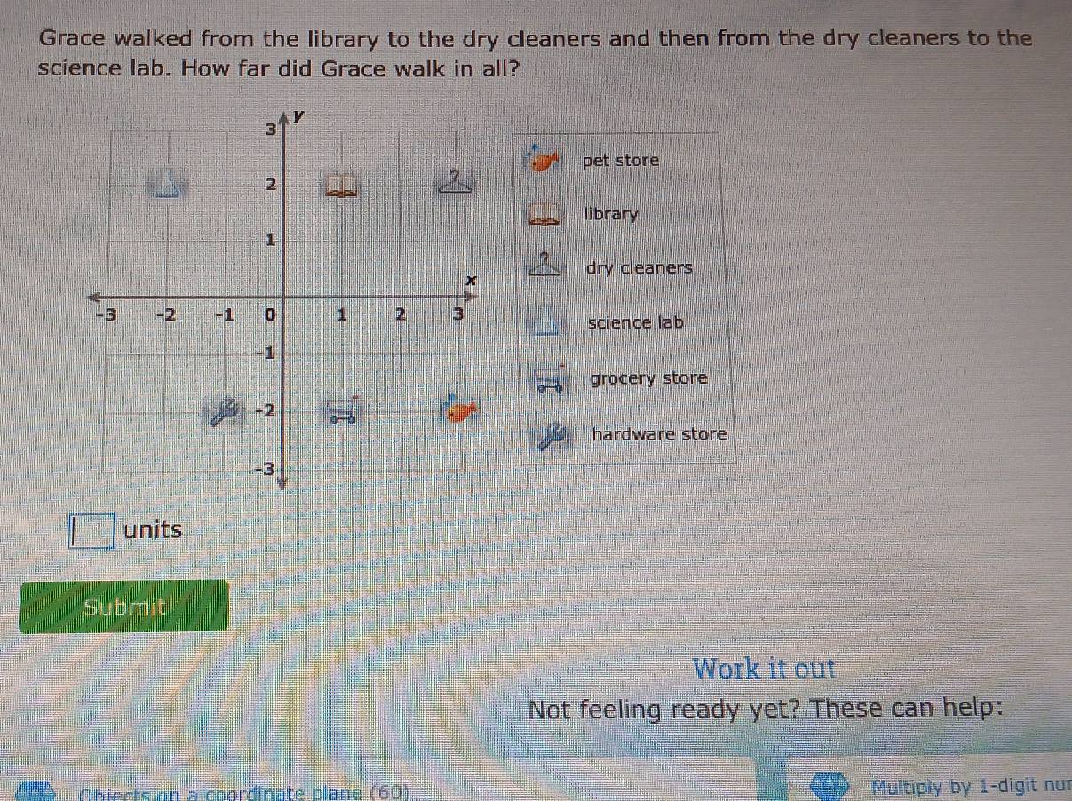 Grace walked from the library to the dry cleaners and then from the dry cleaners to the
science lab. How far did Grace walk in all?
pet store
library
dry cleaners
science lab
grocery store
hardware store
units
Submit
Work it out
Not feeling ready yet? These can help:
Ohiects on a coordinate plane (60) Multiply by 1 -digit nur