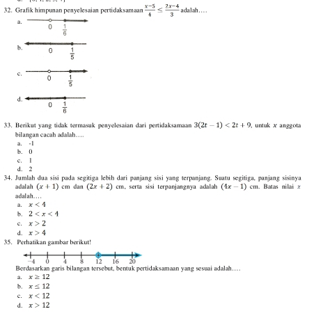 Grafik himpunan penyelesaian pertidaksamaan  (x-5)/4 ≤  (2x-4)/3  adalah....
a
33. Berikut yang tidak termasuk penyelesaian dari pertidaksamaan 3(2t-1)<2t+9 ,untuk x anggota
bilangan cacah adalah…
a. -1
b. 0
c. 1
d. 2
34. Jumlah dua sisi pada segitiga lebih dari panjang sisi yang terpanjang. Suatu segitiga, panjang sisinya
adalah (x+1) cm dan (2x+2) cm. . serta sisi terpanjangnya adalah (4x-1)cm. Batas nilai x
adalah.. . .
a. x<4</tex>
b. 2
c. x>2
d. x>4
35. Perhatikan gambar berikut!
Berdasarkan garis bilangan tersebut, bentuk pertidaksamaan yang sesuai adalah….
a. x≥ 12
b. x≤ 12
c. x<12</tex>
d. x>12