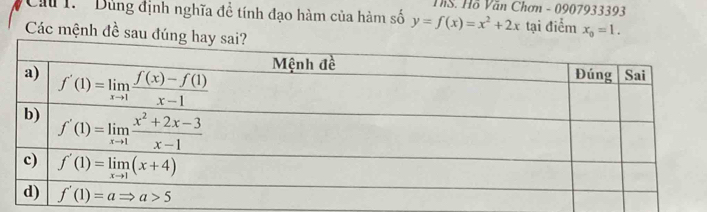 TS. Hồ Văn Chơn - 0907933393
Cầu 1. ' Dùng định nghĩa đề tính đạo hàm của hàm số y=f(x)=x^2+2x tại điểm x_0=1.
Các mệnh đề sau đúng