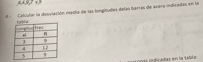 4, 4, 9, 7 ν 5 
4.- Calcular la desviación media de las longitudes delas barras de acero indicadas en la 
tabla: 
rronas indicadas en la tabla: