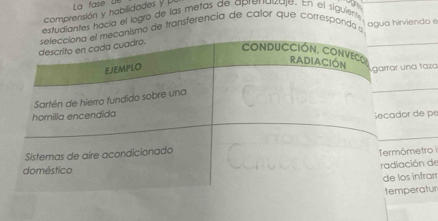 La fase u 
comprensión y habilidad s 
estudiantes hocía el logro de las metas de apremauzuje. En el siguies 
canismo de transferencia de calor que corresponda 
agua hirviendo e 
na taza 
_ 
r de pe 
metro i 
ción de 
s infram 
peratur