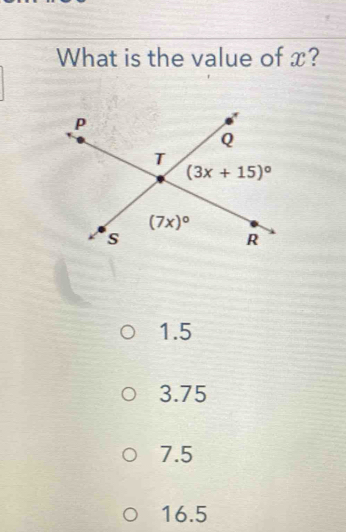 What is the value of x?
1.5
3.75
7.5
16.5