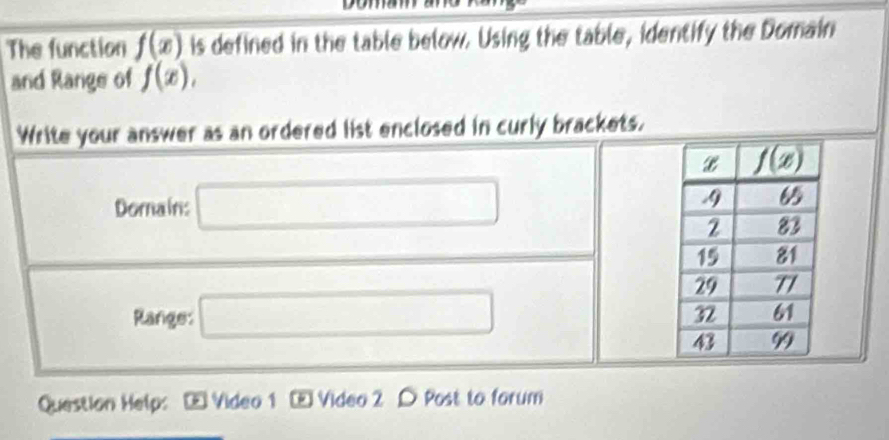 The function f(x) is defined in the table below. Using the table, identify the Domain
and Range of f(x),
Write your answer as an ordered list enclosed in curly brackets.
Domains □
Range: □
Question Help: : E Video 1 - Video 2  Post to forum