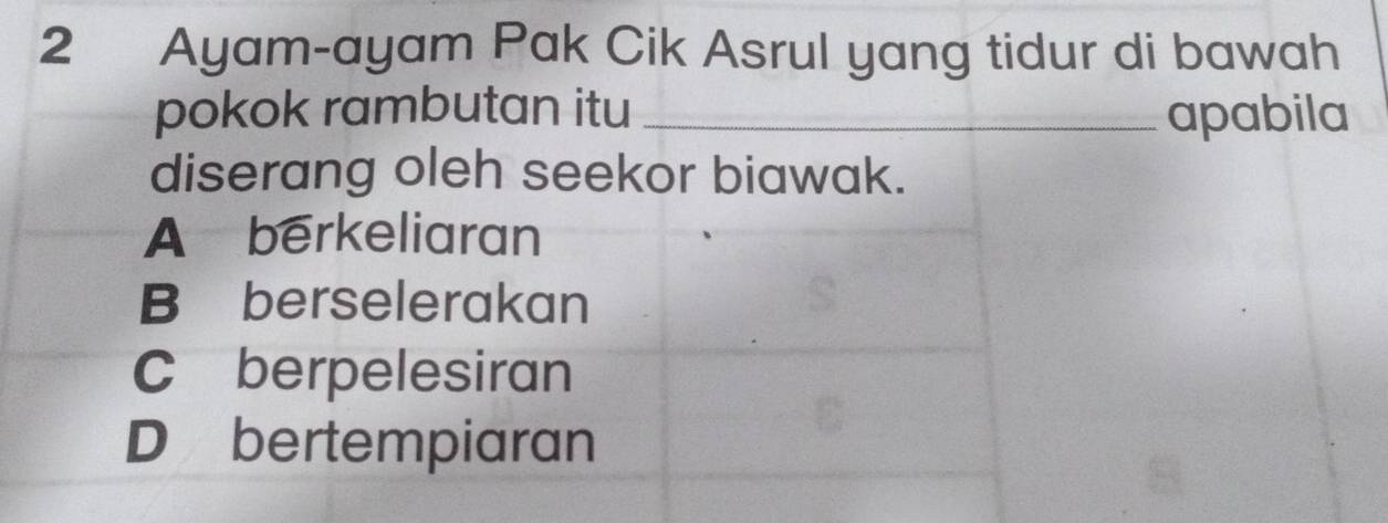 Ayam-ayam Pak Cik Asrul yang tidur di bawah
pokok rambutan itu _apabila
diserang oleh seekor biawak.
A berkeliaran
B berselerakan
C berpelesiran
D bertempiaran