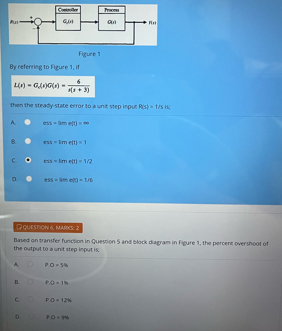 By referring to Figure 1, if
L(s)=G_c(s)G(s)= 6/s(s+3) 
then the steady-state error to a unit step input R(s)=1/s is;
A. ess=lime(t)=∈fty
B. ess=lime(t)=1
C. ess=lime(t)=1/2
D. ess=lime(t)=1/6
QUESTION 6, MARKS: 2
Based on transfer function in Question 5 and block diagram in Figure 1, the percent overshoot of
the output to a unit step input is;
A. P.O=5%
B. P.O=1%
C. P.O=12%
D. P.O=9%