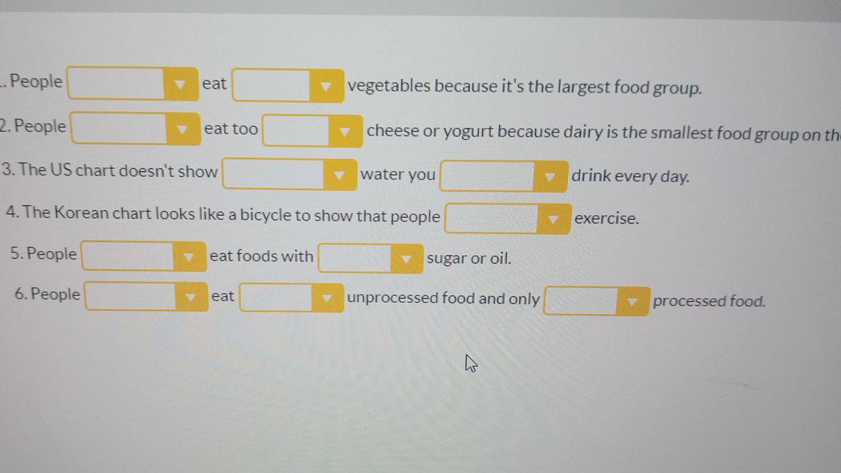 People eat vegetables because it's the largest food group. 
2. People eat too cheese or yogurt because dairy is the smallest food group on th 
3. The US chart doesn't show water you drink every day. 
4. The Korean chart looks like a bicycle to show that people exercise. 
5. People eat foods with sugar or oil. 
6. People eat unprocessed food and only |x-1| processed food.