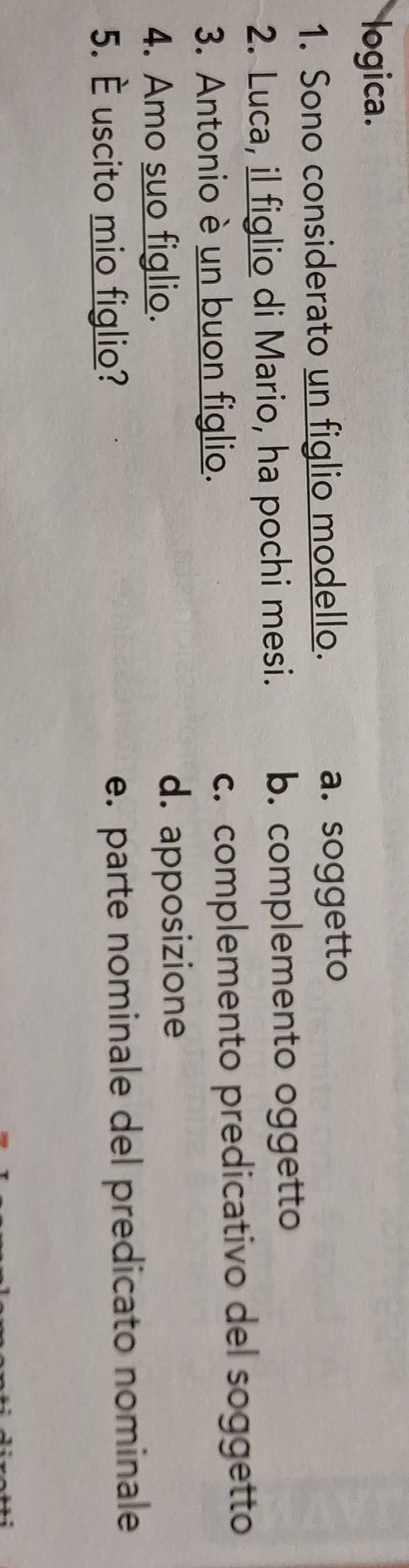 logica.
1. Sono considerato un figlio modello. a. soggetto
2. Luca, il figlio di Mario, ha pochi mesi. b. complemento oggetto
3. Antonio è un buon figlio. c. complemento predicativo del soggetto
4. Amo suo figlio. d. apposizione
5. É uscito mio figlio? e. parte nominale del predicato nominale