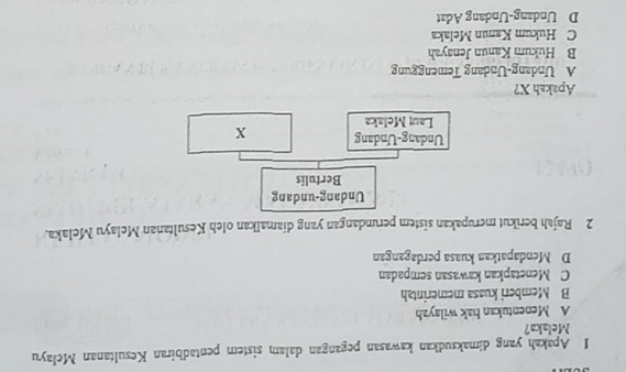 Apakah yang dimaksudkan kawasan pegangan dalam sistem pentadbiran Kesultanan Melayu
Melaka?
A Menentukan hak wilayah
B Memberi kuasa memerintah
C Menetapkan kawasan sempadan
D Mendapatkan kuasa perdagangan
2 Rajah berikut merupakan sistem perundangan yang diamalkan oleh Kesultanan Melayu Melaka.
Undang-undang
Bertulis
Undang-Undang x
Laut Melaka
Apaksh X?
A Undang-Undang Temenggung
B Hukum Kanun Jenayah
C Hukum Kanun Melaka
D Undang-Undang Adat