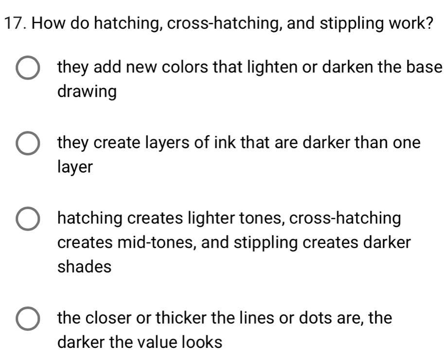 Solved: How do hatching, cross-hatching, and stippling work? they add ...
