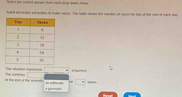 Select the correct answer from each drop-down menu. 
Arkell decorates old bottles to make vases. The table shows the number of vases he has at the end of each day. 
This situation represents sequence. 
The common 
At the end of the seventh an arithmetic vases 
ive 
a geometric 
Reset Navt