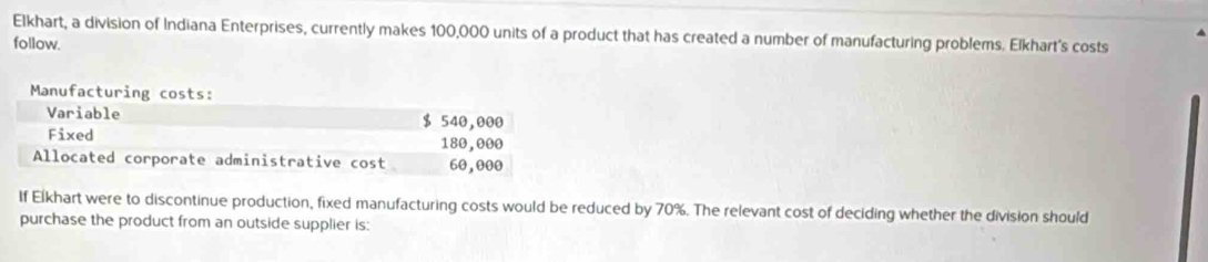 Elkhart, a division of Indiana Enterprises, currently makes 100,000 units of a product that has created a number of manufacturing problems. Elkhart’s costs 
follow. 
If Elkhart were to discontinue production, fixed manufacturing costs would be reduced by 70%. The relevant cost of deciding whether the division should 
purchase the product from an outside supplier is: