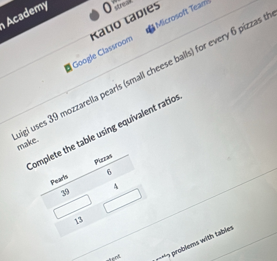 Academy 
0 streak 
Microsoft Team 
Ratío tabíes 
_ 
Google Classroon 
gi uses 39 mozzarella pearls (small cheese balls) for every 6 pízzas 
complete the table using equivalent ratio 
make. 
Pizzas
6
Pearls
39
4
13
stent 
r problems with tables