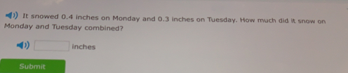 ) It snowed 0.4 inches on Monday and 0.3 inches on Tuesday. How much did it snow on
Monday and Tuesday combined?
inches
Submit