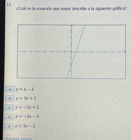 ¿Cuál es la ecuación que mejor describe a la siguiente gráfica?
A y=x-2
B y=3x+2
C y=-3x+2
D y=-3x-2
E y=3x-2
Preounta anterior