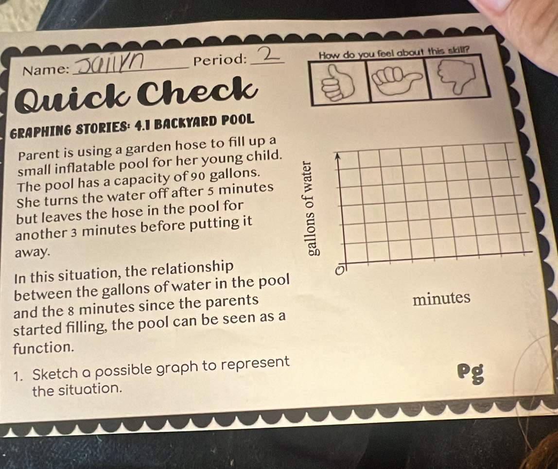 Name: _Period: _How do you feel about this skill? 
Quick Check 
GRAPHING STORIES: 4.1 BACKYARD POOL 
Parent is using a garden hose to fill up a 
small inflatable pool for her young child. 
The pool has a capacity of 90 gallons. 
She turns the water off after 5 minutes
but leaves the hose in the pool for 
another 3 minutes before putting it 
away. 
In this situation, the relationship 
between the gallons of water in the pool 
and the 8 minutes since the parents minutes
started filling, the pool can be seen as a 
function. 
1. Sketch a possible graph to represent 
the situation. Pg