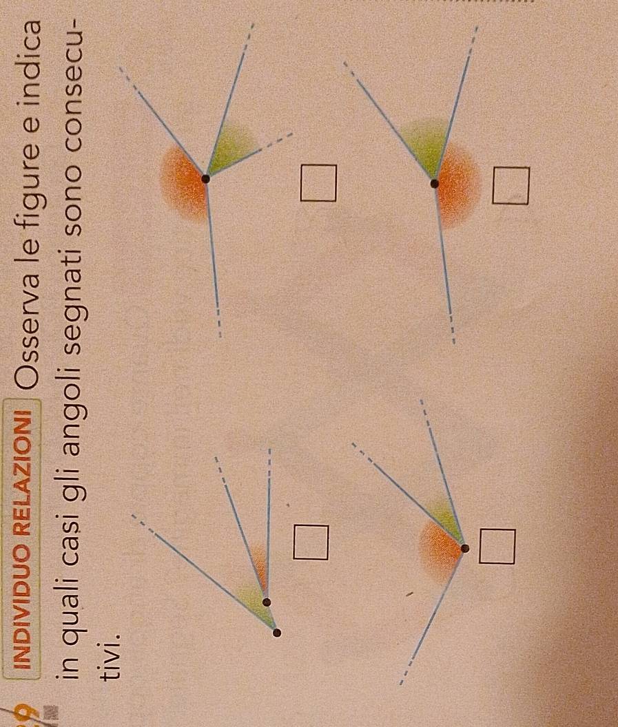 INDIVIDUO RELAZIONI Osserva le figure e indica 
in quali casi gli angoli segnati sono consecu- 
tivi.