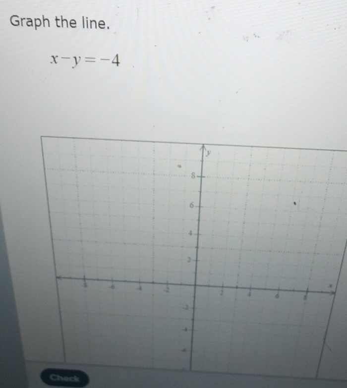 Graph the line.
x-y=-4
Check