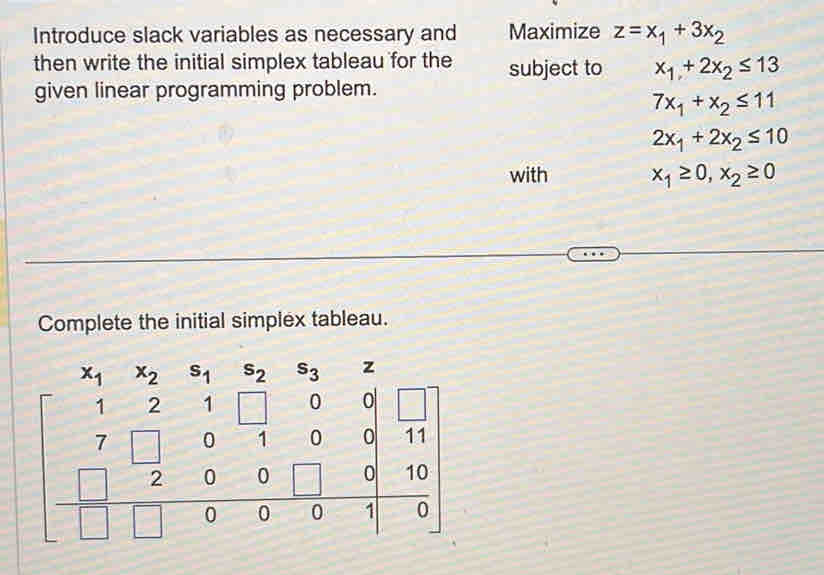 Introduce slack variables as necessary and Maximize z=x_1+3x_2
then write the initial simplex tableau for the subject to x_1+2x_2≤ 13
given linear programming problem.
7x_1+x_2≤ 11
2x_1+2x_2≤ 10
with x_1≥ 0,x_2≥ 0
Complete the initial simplex tableau.