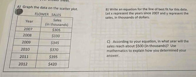 A Graph the data on the scatter plot. B) Write an equation for the line of best fit for this data. 
Let x represent the years since 2007 and y represent the 
sales, in thousands of dollars. 
C) According to your equation, in what year will the 
sales reach about $500 (in thousands)? Use 
mathematics to explain how you determined your 
answer.