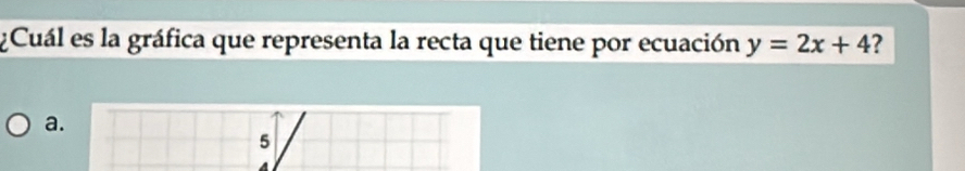 ¿Cuál es la gráfica que representa la recta que tiene por ecuación y=2x+4 ?
a.
5
.