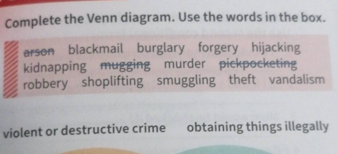 Complete the Venn diagram. Use the words in the box.
arson blackmail burglary forgery hijacking
kidnapping mugging murder pickpocketing
robbery shoplifting smuggling theft vandalism
violent or destructive crime obtaining things illegally