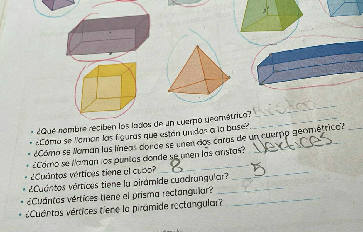 ¿Qué nombre reciben los lados de un cuerpo geométrico?_ 
_ 
¿Cómo se llaman las figuras que están unidas a la base? 
¿Cómo se llaman las líneas donde se unen dos caras de un cuerpo geométrico? 
¿Cómo se llaman los puntos donde se unen las aristas? 
¿Cuántos vértices tiene el cubo? 
¿Cuántos vértices tiene la pirámide cuadrangular? 
_ 
¿Cuántos vértices tiene el prisma rectangular?__ 
¿Cuántos vértices tiene la pirámide rectangular?