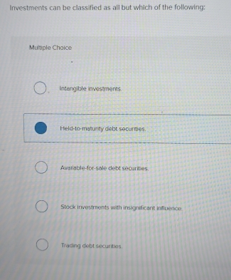 Investments can be classified as all but which of the following:
Multiple Choice
intangible investments.
Held-to-maturity debt securities.
Available-for-sale debt securities.
Stock investments with insignificant influence
Trading debt securities
