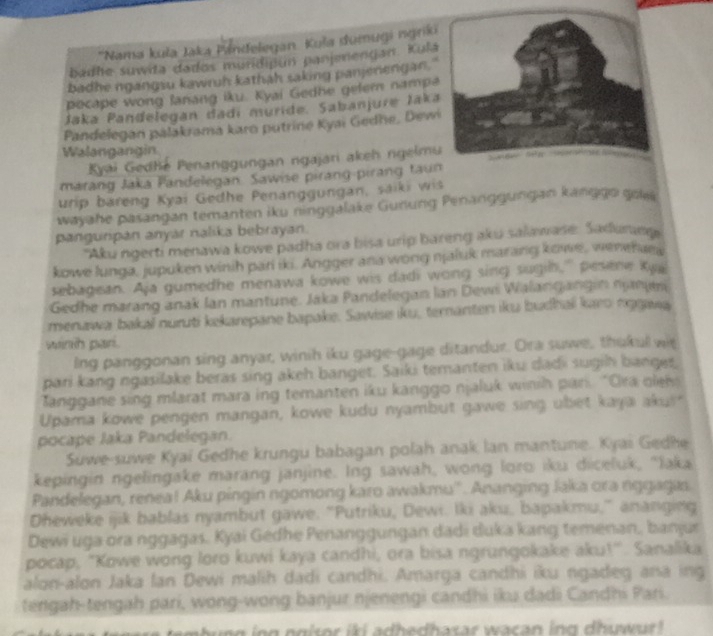 ''Nama kuła Jaka Pindelegan Kuša dumugi ngriki
badhe suwita dados muridiðun panjenengan. Kulá
badhe ngangsu kawruh kathah saking panjenengan."
pecape wong lanang iku. Kyai Gedhe gelem nampa
Jaka Pandelegan dadí muride. Sabanjure Jaka
Pandelegan palakrama karo putrine Kyai Gedhe, Dew
Walangangin
Kyai Gedhé Penanggungan ngajari akeh ngelmu
marang Jaka Fandelegan. Sawise pirang-pirang tau
urip bareng Kyai Gedhe Penanggungan, saiki wis
wayahe pasangan temanten iku ninggalake Gunung Penanggungan kanggo gol
panguripan anyar nalika bebrayan.
"Aku ngerti menawa kowe padha ora bisa urip bareng aku salawase: Sadunmg
kowe lunga, jupuken winih par iki. Angger ana wong njaluk marang kowe, wenehiea
sebagean. Aja gumedhe menawa kowe wis dadi wong sing sugin," pesene Kya
Gedhe marang anak lan mantune. Jaka Pandelegan lan Dewi Walangangin nanm
menawa bakal nuruti kekarpane bapake. Sawise iku, ternanten iku budhali karo nggava
winh parl.
Ing panggonan sing anyar, winih iku gage-gage ditandur. Ora suwe, thukul wit
pari kang ngasilake beras sing akeh banget. Saiki temanten iku dadi sugih banget,
Tanggane sing mlarat mara ing temanten iku kanggo njaluk winih pan. "ra olen
Upama kowe pengen mangan, kowe kudu nyambut gawe sing übet kaya aku
pocape Jaka Pandelegan.
Suwe-suwe Kyai Gedhe krungu babagan polah anak Ian mantune. Kyai Gedhe
kepingin ngelingake marang janjine. Ing sawah, wong loro iku diceluk, "laka
Pandelegan, renea! Aku pingin ngomong karo awakmu''. Ananging Jaka ora nggagas.
Dheweke ijik bablas nyambut gawe. “Putriku, Dewi. Iki aku, bapakmu,” ananging
Dewi uga ora nggagas. Kyai Gedhe Penanggungan dadi duka kang temenan, banjur
pocap, "Kowe wong loro kuwi kaya candhi, ora bisa ngrungokake aku!". Sanalika
alon-alon Jaka Ian Dewi malih dadi candhi. Amarga candhi iku ngadeg ana ing
tengah-tengah pari, wong-wong banjur njenengi candhi iku dadi Candhi Pari.
h n g   g  n g i sor ik i  a d hed hasar wa can   ing  d hu w