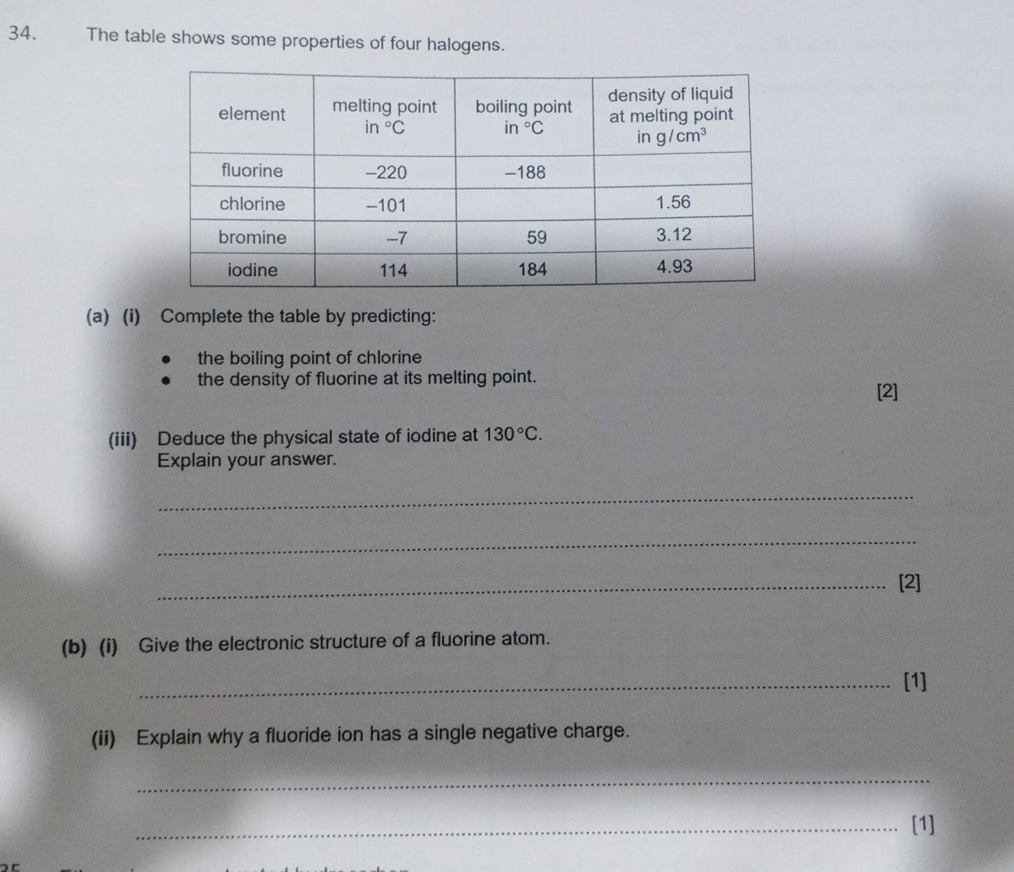 The table shows some properties of four halogens.
(a) (i) Complete the table by predicting:
the boiling point of chlorine
the density of fluorine at its melting point.
[2]
(iii) Deduce the physical state of iodine at 130°C.
Explain your answer.
_
_
_[2]
(b) (i) Give the electronic structure of a fluorine atom.
_[1]
(ii) Explain why a fluoride ion has a single negative charge.
_
_[1]