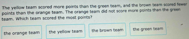 The yellow team scored more points than the green team, and the brown team scored fewer
points than the orange team. The orange team did not score more points than the green
team. Which team scored the most points?
the orange team the yellow team the brown team the green team