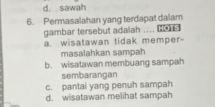 d. sawah
6. Permasalahan yang terdapat dalam
gambar tersebut adalah .... HOTS
a. wisatawan tidak memper-
masalahkan sampah
b. wisatawan membuang sampah
sembarangan
c. pantai yang penuh sampah
d. wisatawan melihat sampah